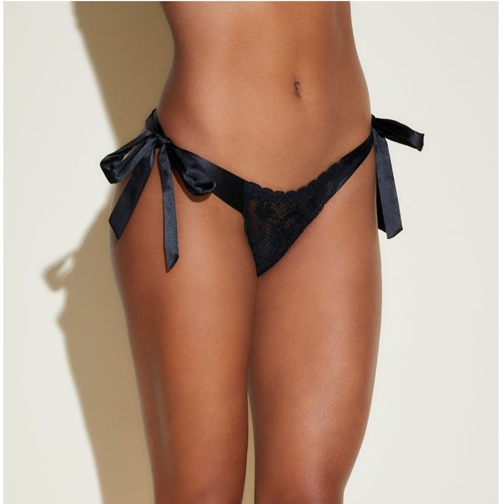 Cosabella Brazilian Thong Black Floral Lace Panty Adjustable Satin Ties S/M